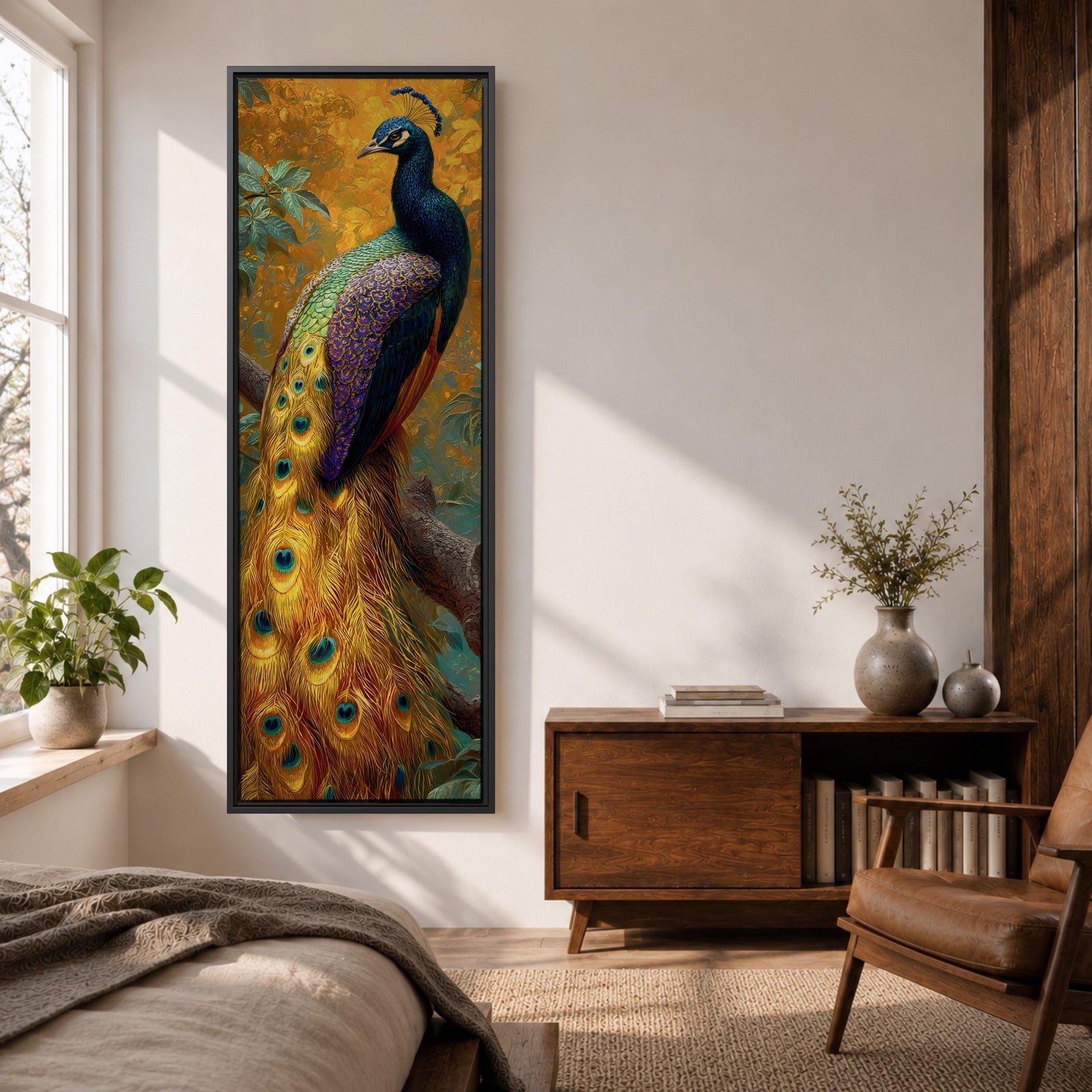 A tall, narrow vertical painting of a peacock perched on a branch, featuring richly detailed plumage in vibrant blue, green, gold, and purple tones, with a long flowing tail adorned with eye-like feather patterns, set against a warm golden background with textured foliage in a bold contemporary wildlife composition.