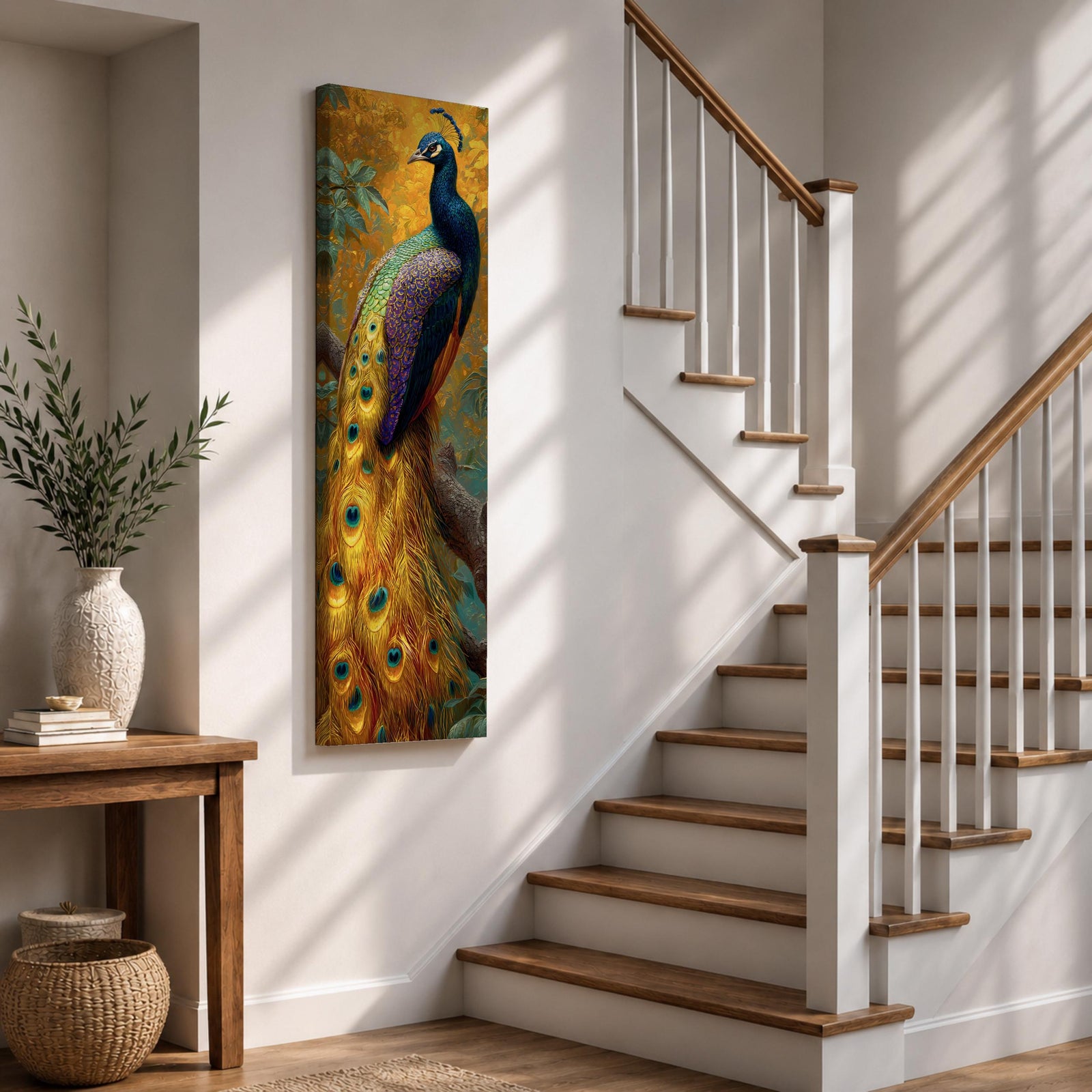 A tall, narrow vertical painting of a peacock perched on a branch, featuring richly detailed plumage in vibrant blue, green, gold, and purple tones, with a long flowing tail adorned with eye-like feather patterns, set against a warm golden background with textured foliage in a bold contemporary wildlife composition.