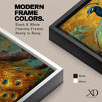 A tall, narrow vertical painting of a peacock perched on a branch, featuring richly detailed plumage in vibrant blue, green, gold, and purple tones, with a long flowing tail adorned with eye-like feather patterns, set against a warm golden background with textured foliage in a bold contemporary wildlife composition.