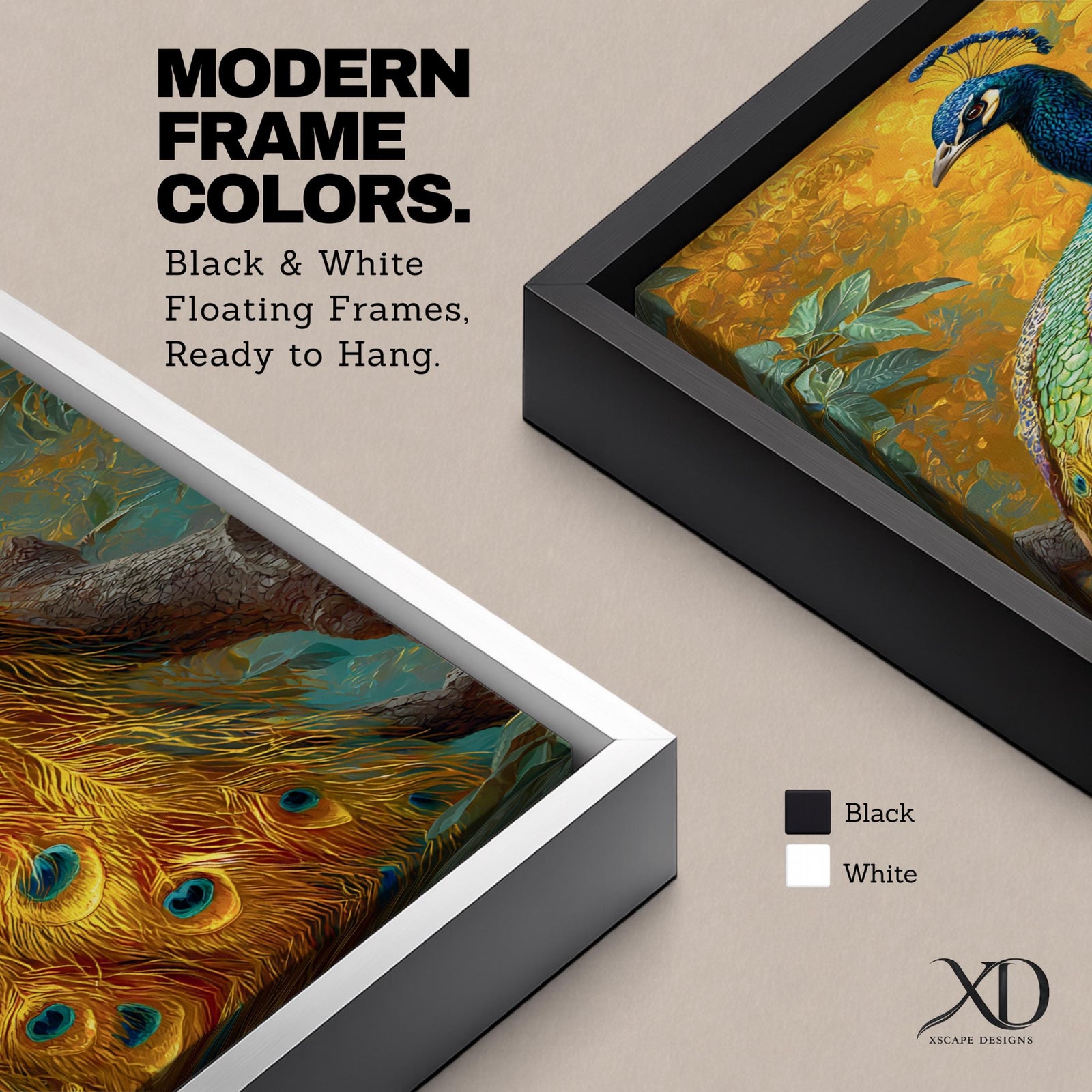 A tall, narrow vertical painting of a peacock perched on a branch, featuring richly detailed plumage in vibrant blue, green, gold, and purple tones, with a long flowing tail adorned with eye-like feather patterns, set against a warm golden background with textured foliage in a bold contemporary wildlife composition.