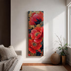 A tall, narrow vertical painting of bold red poppy flowers with layered petals and detailed centers, set against a deep navy and gold textured abstract background, featuring rich contrast, fluid brushwork, and metallic accents that highlight the organic forms in a contemporary floral composition.