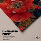 A tall, narrow vertical painting of bold red poppy flowers with layered petals and detailed centers, set against a deep navy and gold textured abstract background, featuring rich contrast, fluid brushwork, and metallic accents that highlight the organic forms in a contemporary floral composition.