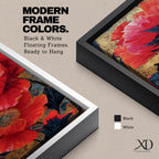 A tall, narrow vertical painting of bold red poppy flowers with layered petals and detailed centers, set against a deep navy and gold textured abstract background, featuring rich contrast, fluid brushwork, and metallic accents that highlight the organic forms in a contemporary floral composition.