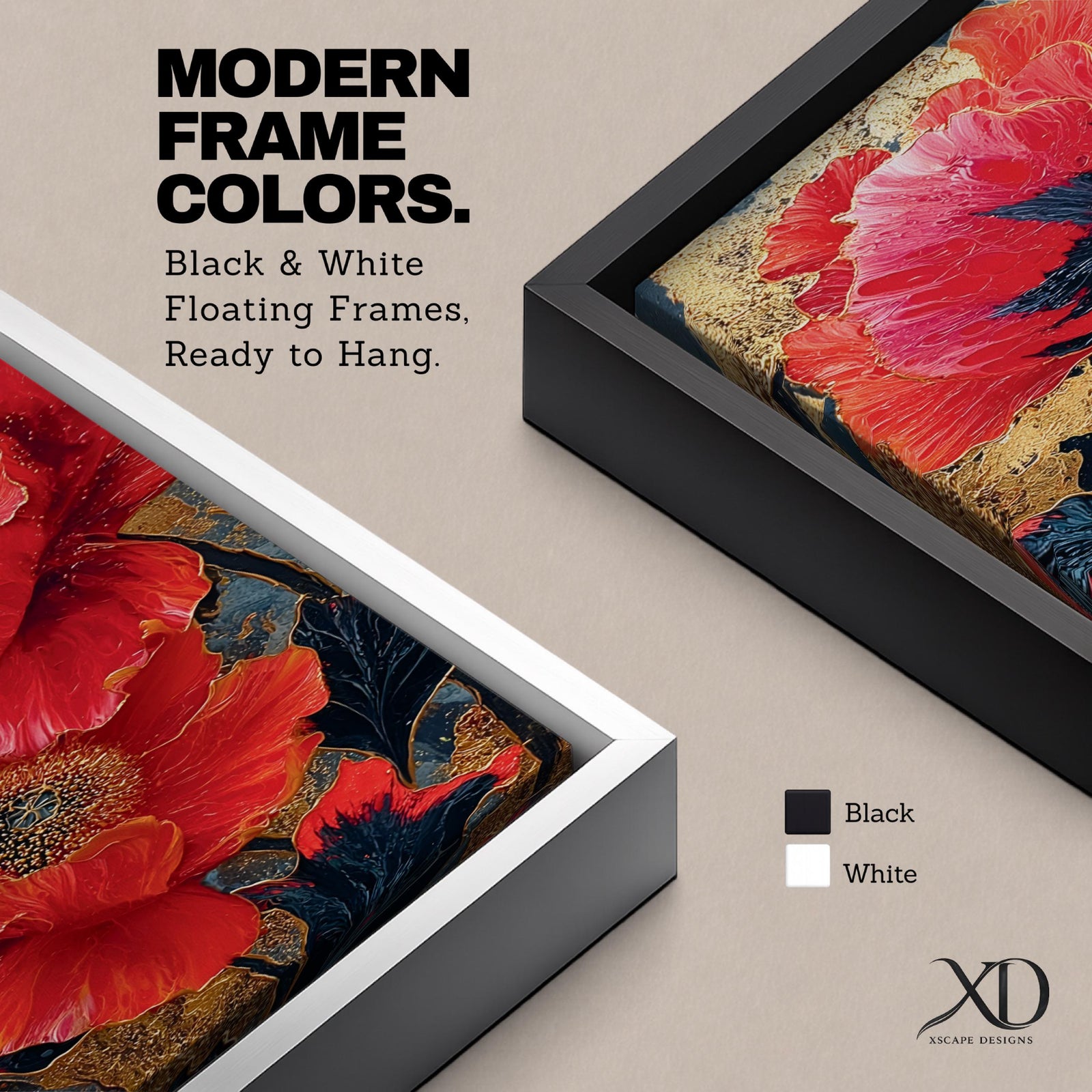 A tall, narrow vertical painting of bold red poppy flowers with layered petals and detailed centers, set against a deep navy and gold textured abstract background, featuring rich contrast, fluid brushwork, and metallic accents that highlight the organic forms in a contemporary floral composition.
