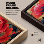 A tall, narrow vertical painting of bold red poppy flowers with layered petals and detailed centers, set against a deep navy and gold textured abstract background, featuring rich contrast, fluid brushwork, and metallic accents that highlight the organic forms in a contemporary floral composition.