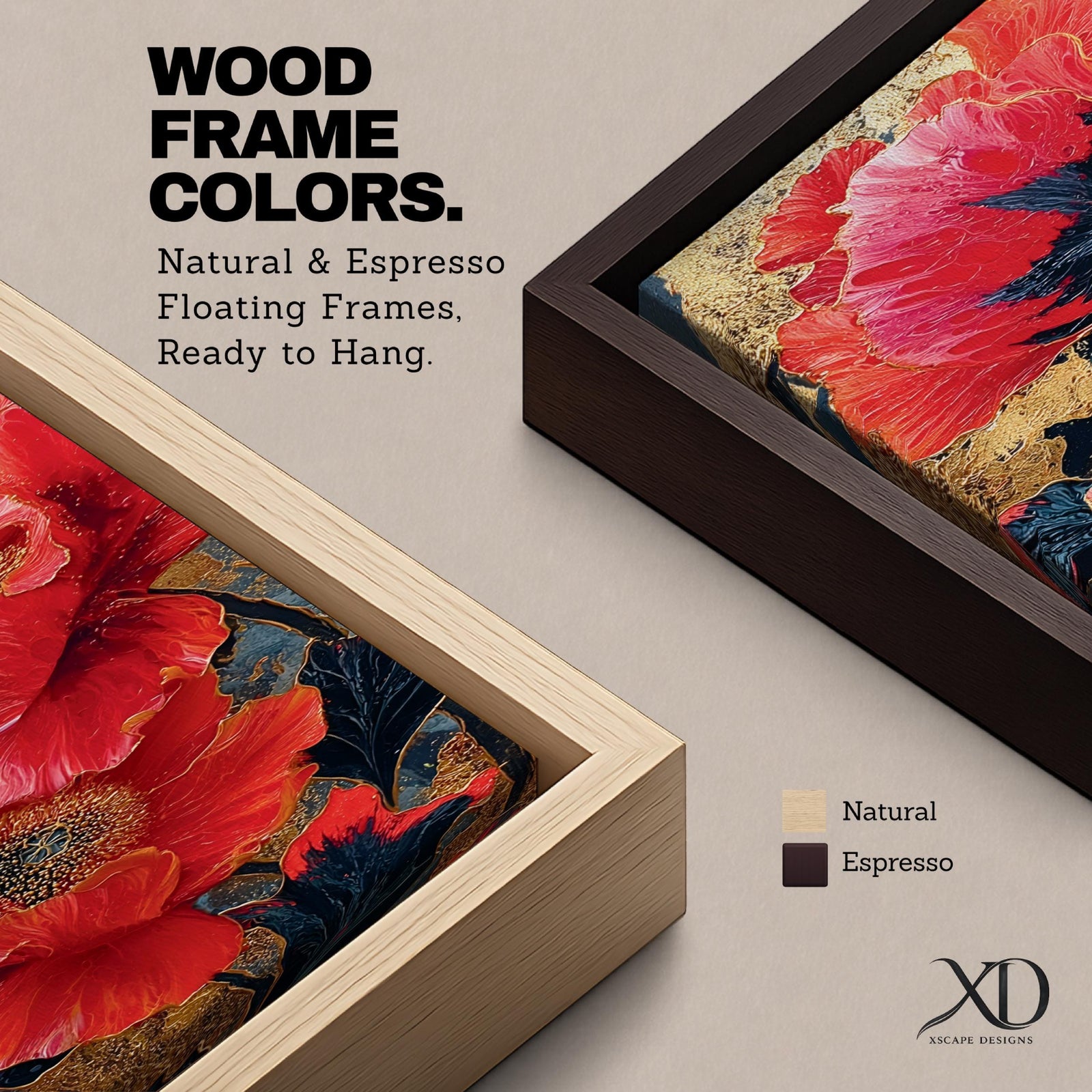 A tall, narrow vertical painting of bold red poppy flowers with layered petals and detailed centers, set against a deep navy and gold textured abstract background, featuring rich contrast, fluid brushwork, and metallic accents that highlight the organic forms in a contemporary floral composition.
