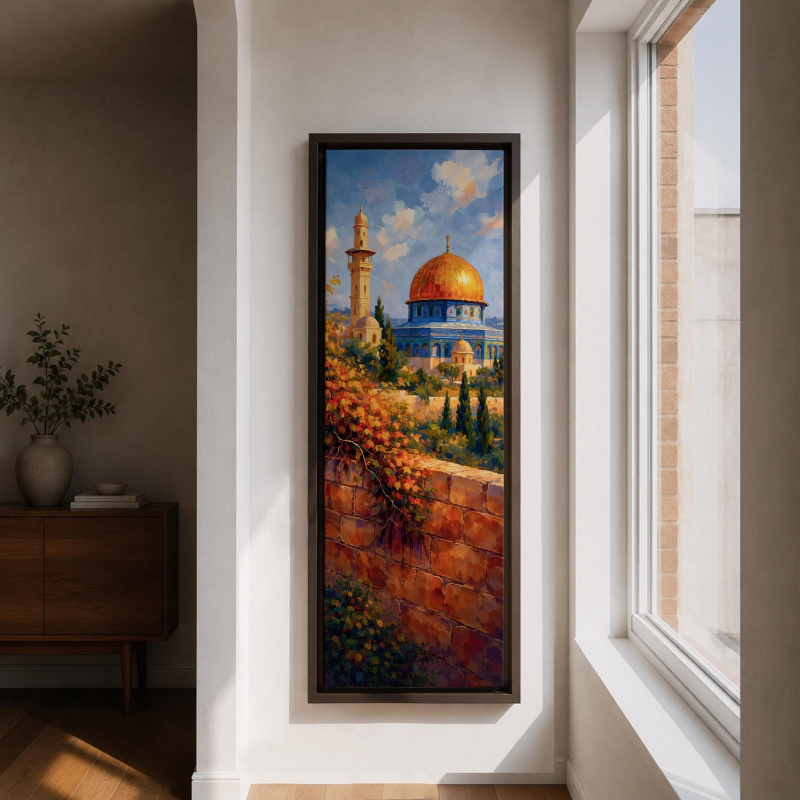 A tall narrow vertical artwork of Masjid Al Aqsa in Jerusalem featuring a golden dome and surrounding historic architecture, viewed beyond a sunlit stone wall with cascading flowers, rendered in warm painterly tones with depth and serene atmosphere.