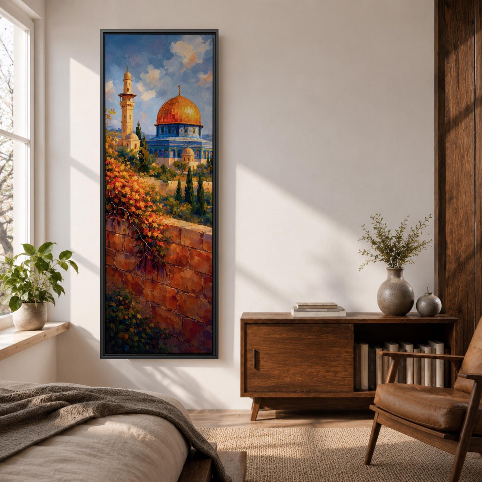 A tall narrow vertical artwork of Masjid Al Aqsa in Jerusalem featuring a golden dome and surrounding historic architecture, viewed beyond a sunlit stone wall with cascading flowers, rendered in warm painterly tones with depth and serene atmosphere.
