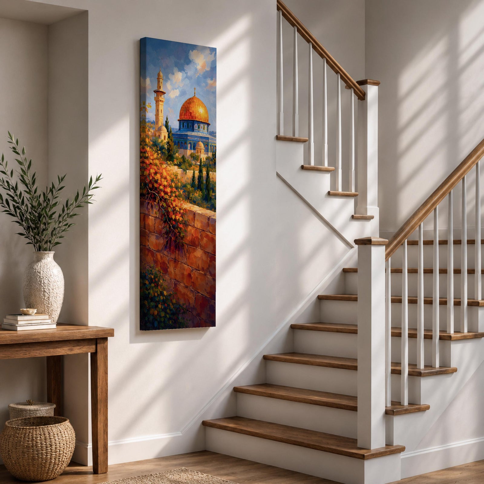 A tall narrow vertical artwork of Masjid Al Aqsa in Jerusalem featuring a golden dome and surrounding historic architecture, viewed beyond a sunlit stone wall with cascading flowers, rendered in warm painterly tones with depth and serene atmosphere.