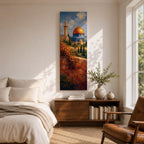 A tall narrow vertical artwork of Masjid Al Aqsa in Jerusalem featuring a golden dome and surrounding historic architecture, viewed beyond a sunlit stone wall with cascading flowers, rendered in warm painterly tones with depth and serene atmosphere.