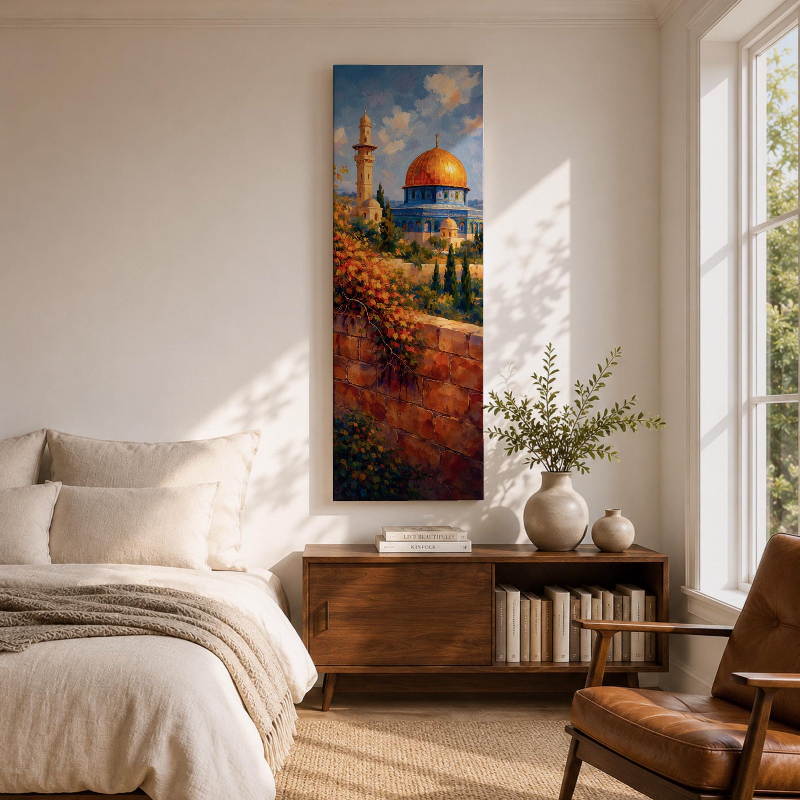 A tall narrow vertical artwork of Masjid Al Aqsa in Jerusalem featuring a golden dome and surrounding historic architecture, viewed beyond a sunlit stone wall with cascading flowers, rendered in warm painterly tones with depth and serene atmosphere.