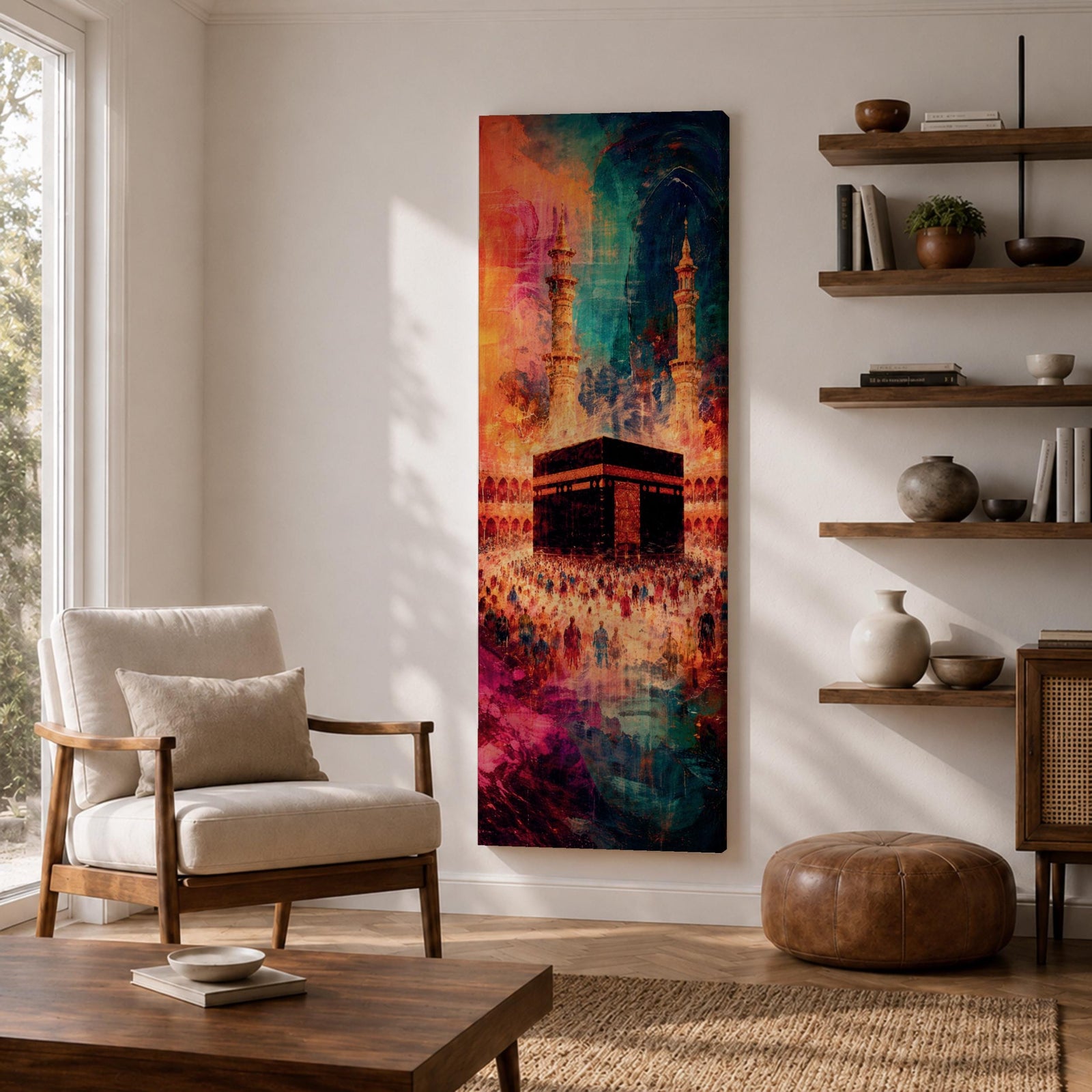 A tall narrow vertical depiction of the Kaaba in Mecca surrounded by a gathering of pilgrims, rendered in an abstract expressive style with bold layered brushwork, deep blues, warm oranges, and rich magenta tones blending into a textured composition that conveys movement, depth, and energy.