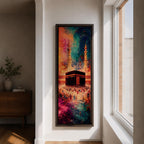 A tall narrow vertical depiction of the Kaaba in Mecca surrounded by a gathering of pilgrims, rendered in an abstract expressive style with bold layered brushwork, deep blues, warm oranges, and rich magenta tones blending into a textured composition that conveys movement, depth, and energy.