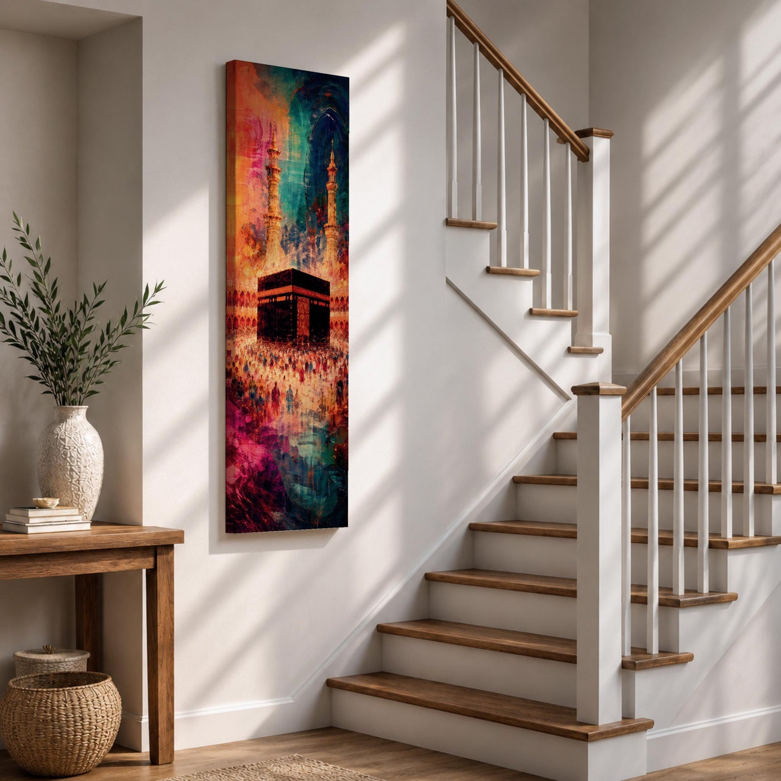 A tall narrow vertical depiction of the Kaaba in Mecca surrounded by a gathering of pilgrims, rendered in an abstract expressive style with bold layered brushwork, deep blues, warm oranges, and rich magenta tones blending into a textured composition that conveys movement, depth, and energy.