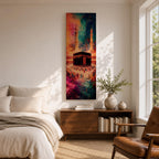 A tall narrow vertical depiction of the Kaaba in Mecca surrounded by a gathering of pilgrims, rendered in an abstract expressive style with bold layered brushwork, deep blues, warm oranges, and rich magenta tones blending into a textured composition that conveys movement, depth, and energy.