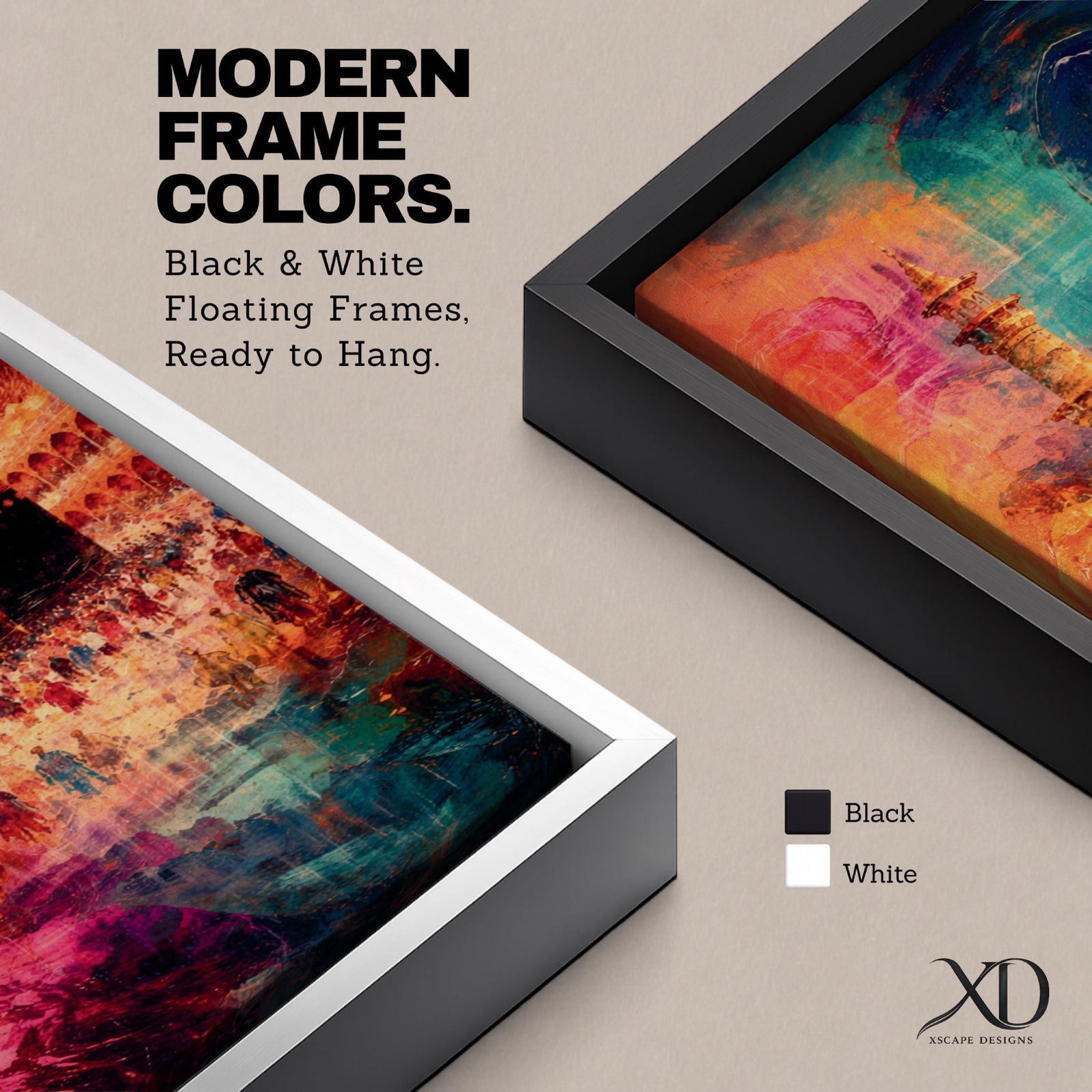 A tall narrow vertical depiction of the Kaaba in Mecca surrounded by a gathering of pilgrims, rendered in an abstract expressive style with bold layered brushwork, deep blues, warm oranges, and rich magenta tones blending into a textured composition that conveys movement, depth, and energy.
