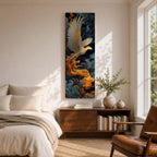 A tall vertical artwork depicts a majestic phoenix with outstretched wings rendered in intricate feather detail, its white and gold plumage glowing against swirling dark blue and smoky cloud forms, while flowing golden flames trail from its body, blending Asian-inspired brushwork with dynamic movement and a mythic, firebird presence.