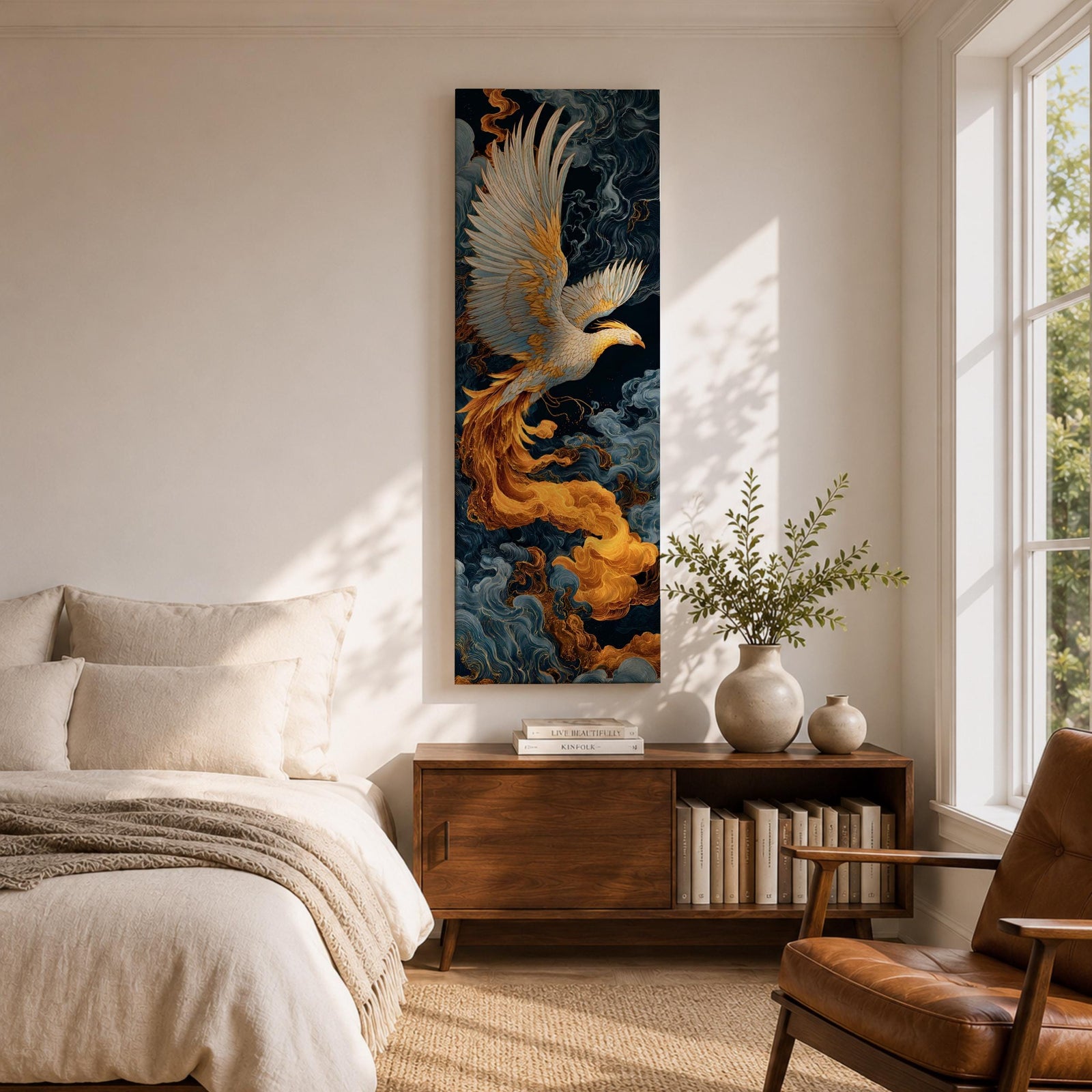 A tall vertical artwork depicts a majestic phoenix with outstretched wings rendered in intricate feather detail, its white and gold plumage glowing against swirling dark blue and smoky cloud forms, while flowing golden flames trail from its body, blending Asian-inspired brushwork with dynamic movement and a mythic, firebird presence.