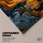A tall vertical artwork depicts a majestic phoenix with outstretched wings rendered in intricate feather detail, its white and gold plumage glowing against swirling dark blue and smoky cloud forms, while flowing golden flames trail from its body, blending Asian-inspired brushwork with dynamic movement and a mythic, firebird presence.