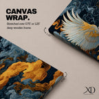 A tall vertical artwork depicts a majestic phoenix with outstretched wings rendered in intricate feather detail, its white and gold plumage glowing against swirling dark blue and smoky cloud forms, while flowing golden flames trail from its body, blending Asian-inspired brushwork with dynamic movement and a mythic, firebird presence.