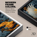 A tall vertical artwork depicts a majestic phoenix with outstretched wings rendered in intricate feather detail, its white and gold plumage glowing against swirling dark blue and smoky cloud forms, while flowing golden flames trail from its body, blending Asian-inspired brushwork with dynamic movement and a mythic, firebird presence.