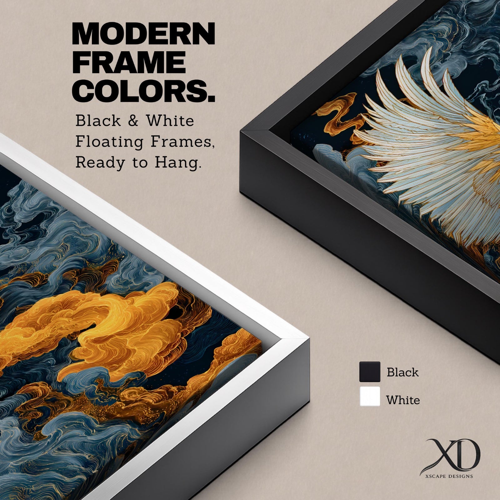 A tall vertical artwork depicts a majestic phoenix with outstretched wings rendered in intricate feather detail, its white and gold plumage glowing against swirling dark blue and smoky cloud forms, while flowing golden flames trail from its body, blending Asian-inspired brushwork with dynamic movement and a mythic, firebird presence.