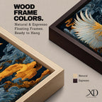A tall vertical artwork depicts a majestic phoenix with outstretched wings rendered in intricate feather detail, its white and gold plumage glowing against swirling dark blue and smoky cloud forms, while flowing golden flames trail from its body, blending Asian-inspired brushwork with dynamic movement and a mythic, firebird presence.