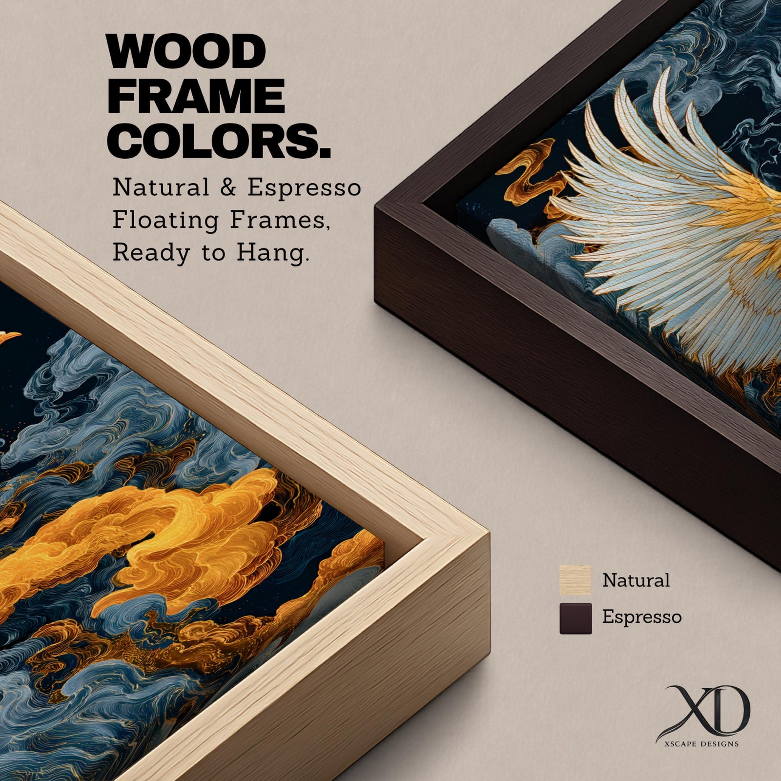 A tall vertical artwork depicts a majestic phoenix with outstretched wings rendered in intricate feather detail, its white and gold plumage glowing against swirling dark blue and smoky cloud forms, while flowing golden flames trail from its body, blending Asian-inspired brushwork with dynamic movement and a mythic, firebird presence.