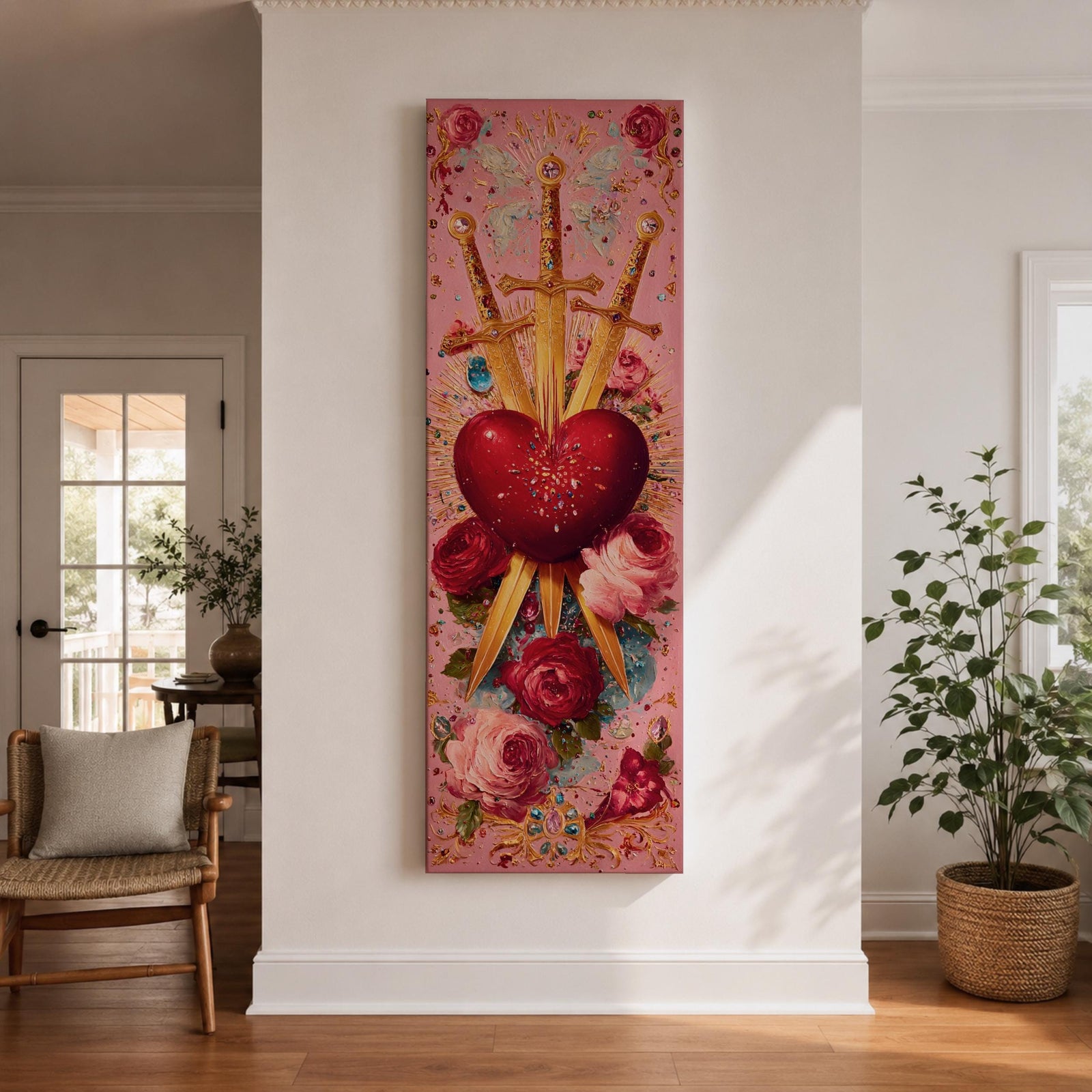 A tall narrow vertical artwork of a radiant sacred heart pierced by three golden swords, surrounded by glowing light bursts, ornate embellishments, and blooming red and pink roses, set against a soft pink background, rendered in a richly detailed painterly style with symmetrical composition and vibrant color accents.