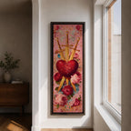 A tall narrow vertical artwork of a radiant sacred heart pierced by three golden swords, surrounded by glowing light bursts, ornate embellishments, and blooming red and pink roses, set against a soft pink background, rendered in a richly detailed painterly style with symmetrical composition and vibrant color accents.