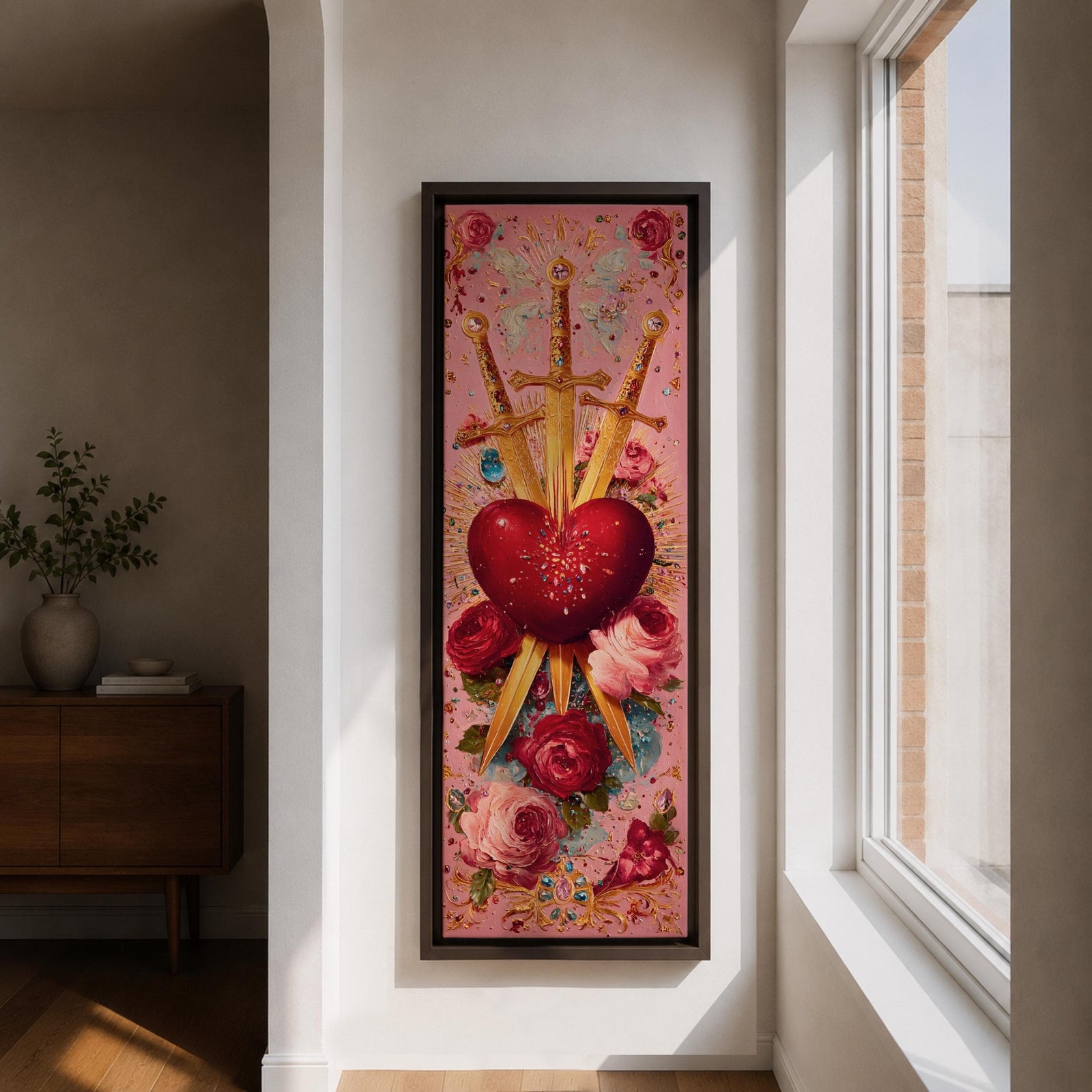 A tall narrow vertical artwork of a radiant sacred heart pierced by three golden swords, surrounded by glowing light bursts, ornate embellishments, and blooming red and pink roses, set against a soft pink background, rendered in a richly detailed painterly style with symmetrical composition and vibrant color accents.