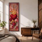 A tall narrow vertical artwork of a radiant sacred heart pierced by three golden swords, surrounded by glowing light bursts, ornate embellishments, and blooming red and pink roses, set against a soft pink background, rendered in a richly detailed painterly style with symmetrical composition and vibrant color accents.