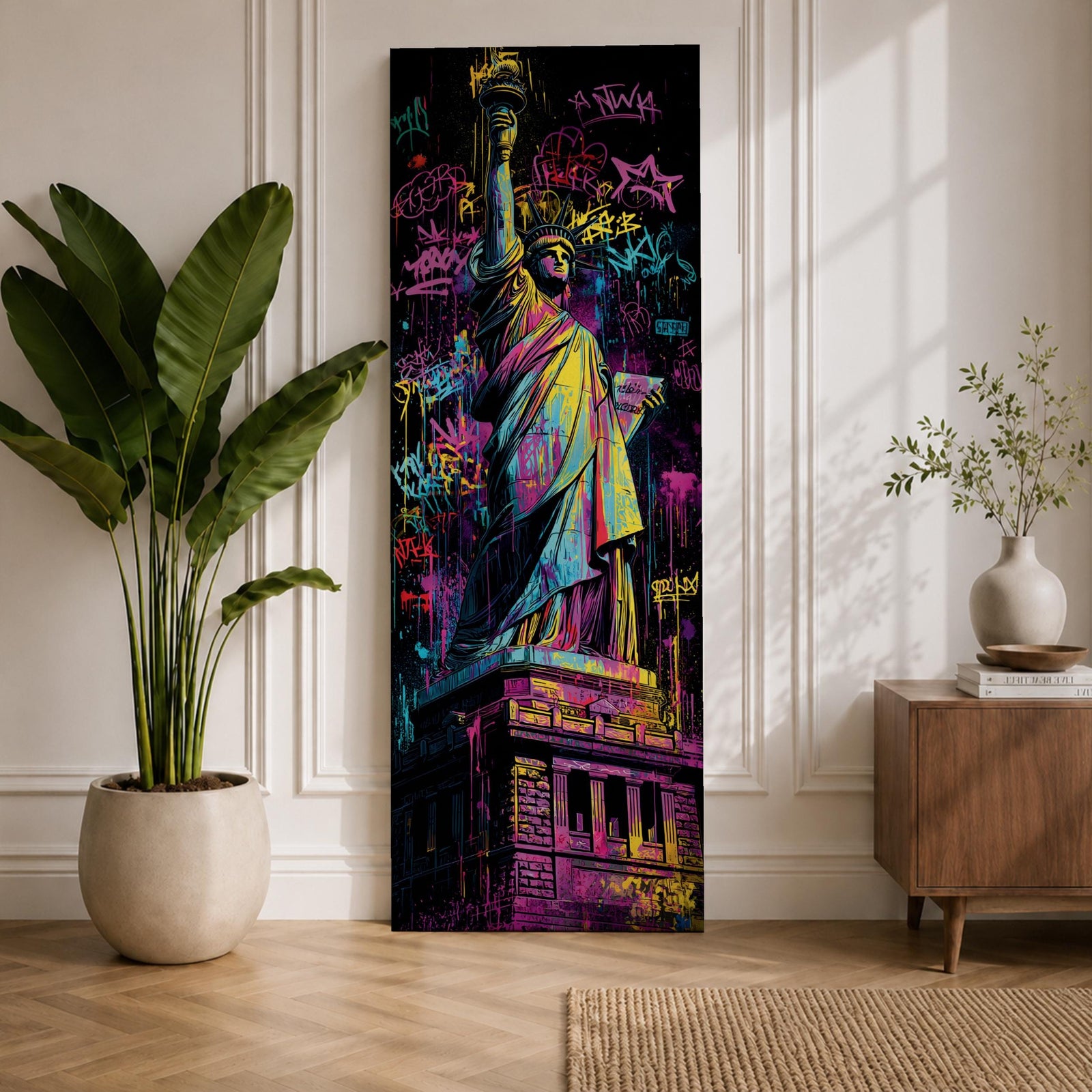 A tall narrow artwork of the Statue of Liberty rendered in vibrant graffiti style with bold neon colors, layered spray paint textures and street tags across the background, featuring dynamic splashes of pink, yellow, blue and green with high contrast outlines in an urban pop art composition.