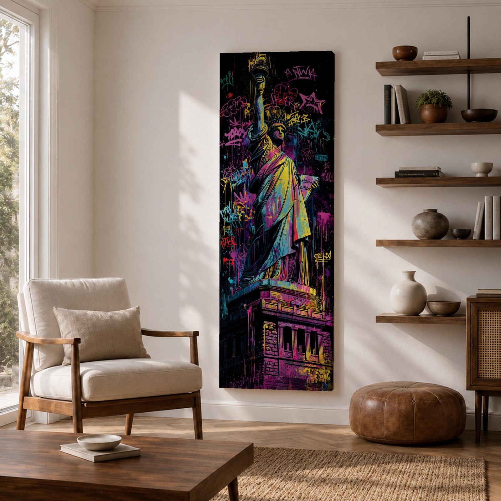 A tall narrow artwork of the Statue of Liberty rendered in vibrant graffiti style with bold neon colors, layered spray paint textures and street tags across the background, featuring dynamic splashes of pink, yellow, blue and green with high contrast outlines in an urban pop art composition.