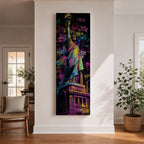 A tall narrow artwork of the Statue of Liberty rendered in vibrant graffiti style with bold neon colors, layered spray paint textures and street tags across the background, featuring dynamic splashes of pink, yellow, blue and green with high contrast outlines in an urban pop art composition.