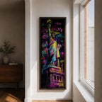 A tall narrow artwork of the Statue of Liberty rendered in vibrant graffiti style with bold neon colors, layered spray paint textures and street tags across the background, featuring dynamic splashes of pink, yellow, blue and green with high contrast outlines in an urban pop art composition.