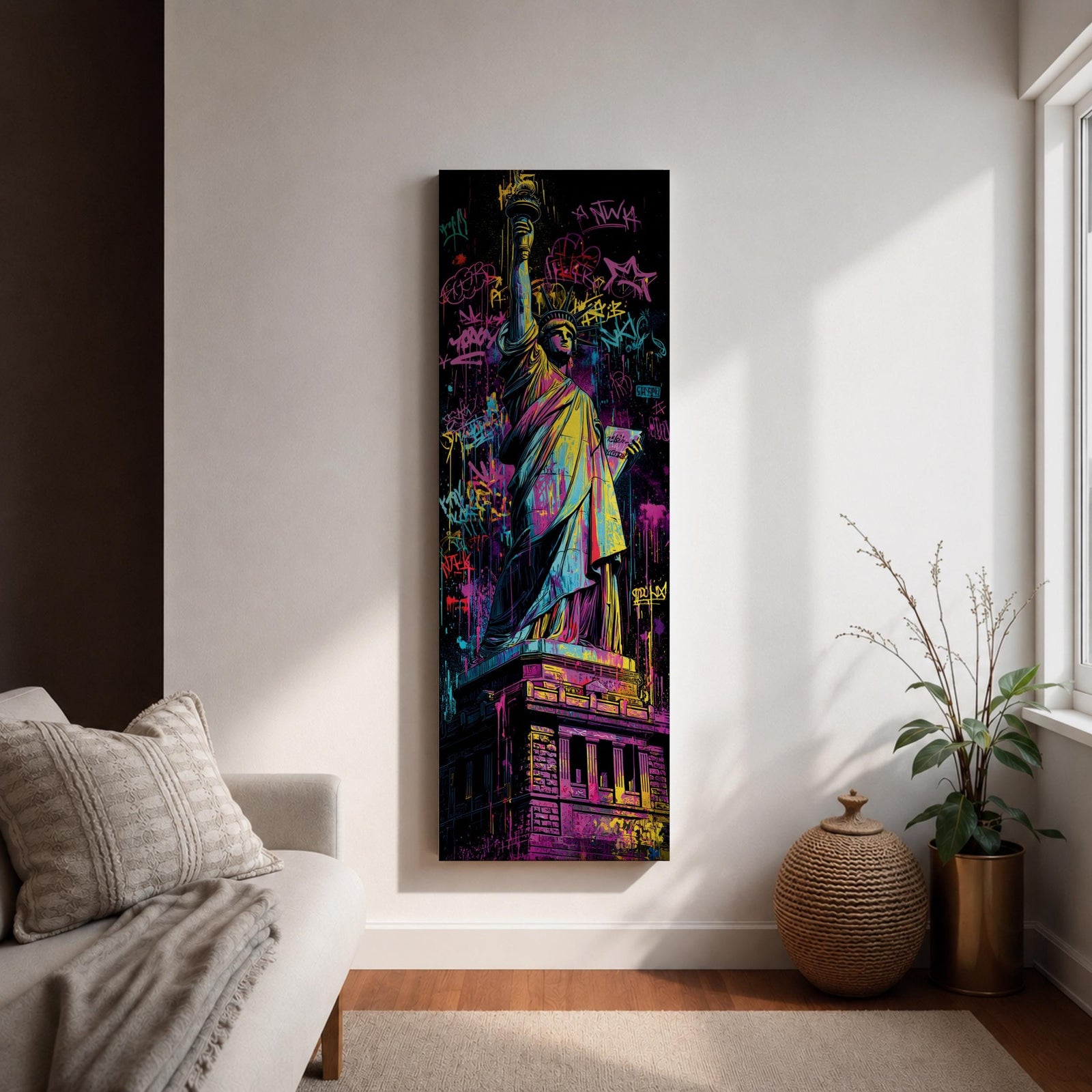 A tall narrow artwork of the Statue of Liberty rendered in vibrant graffiti style with bold neon colors, layered spray paint textures and street tags across the background, featuring dynamic splashes of pink, yellow, blue and green with high contrast outlines in an urban pop art composition.