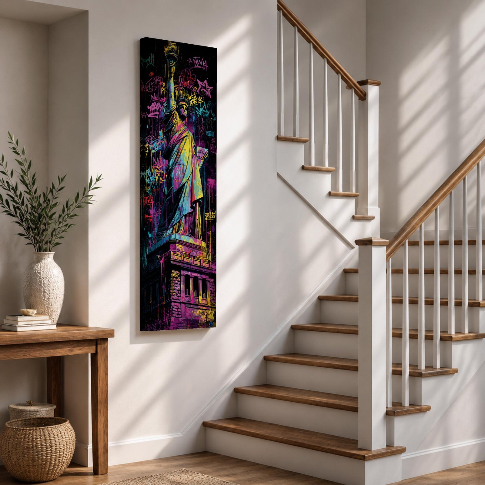 A tall narrow artwork of the Statue of Liberty rendered in vibrant graffiti style with bold neon colors, layered spray paint textures and street tags across the background, featuring dynamic splashes of pink, yellow, blue and green with high contrast outlines in an urban pop art composition.