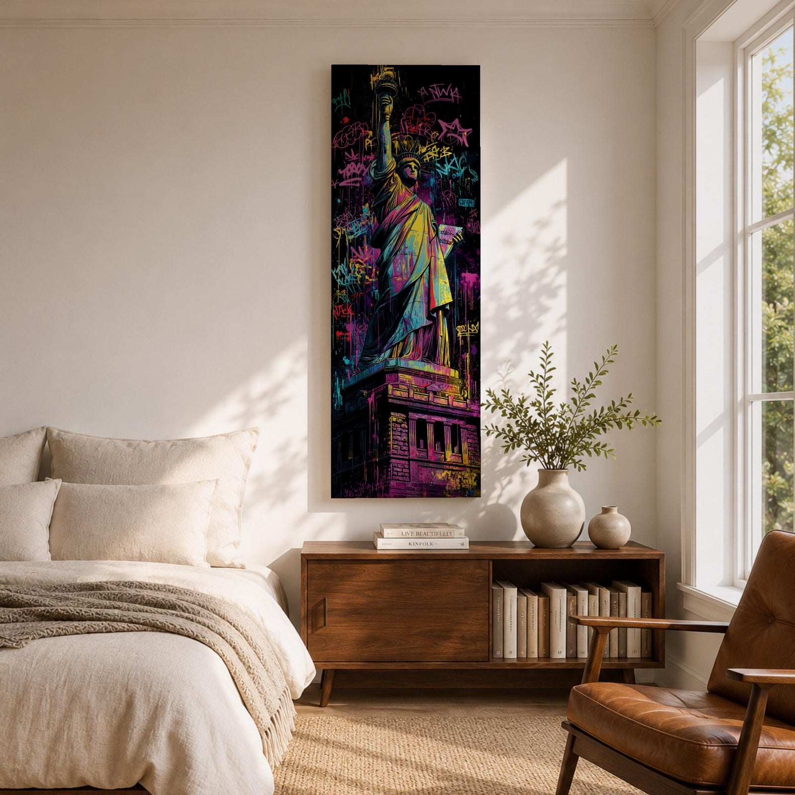 A tall narrow artwork of the Statue of Liberty rendered in vibrant graffiti style with bold neon colors, layered spray paint textures and street tags across the background, featuring dynamic splashes of pink, yellow, blue and green with high contrast outlines in an urban pop art composition.