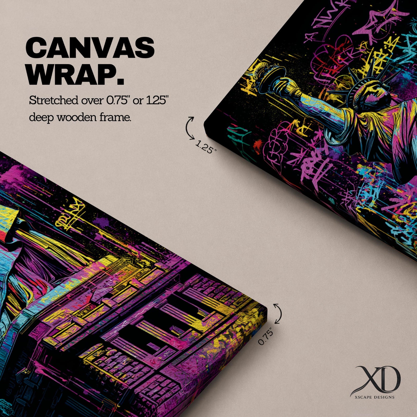 A tall narrow artwork of the Statue of Liberty rendered in vibrant graffiti style with bold neon colors, layered spray paint textures and street tags across the background, featuring dynamic splashes of pink, yellow, blue and green with high contrast outlines in an urban pop art composition.