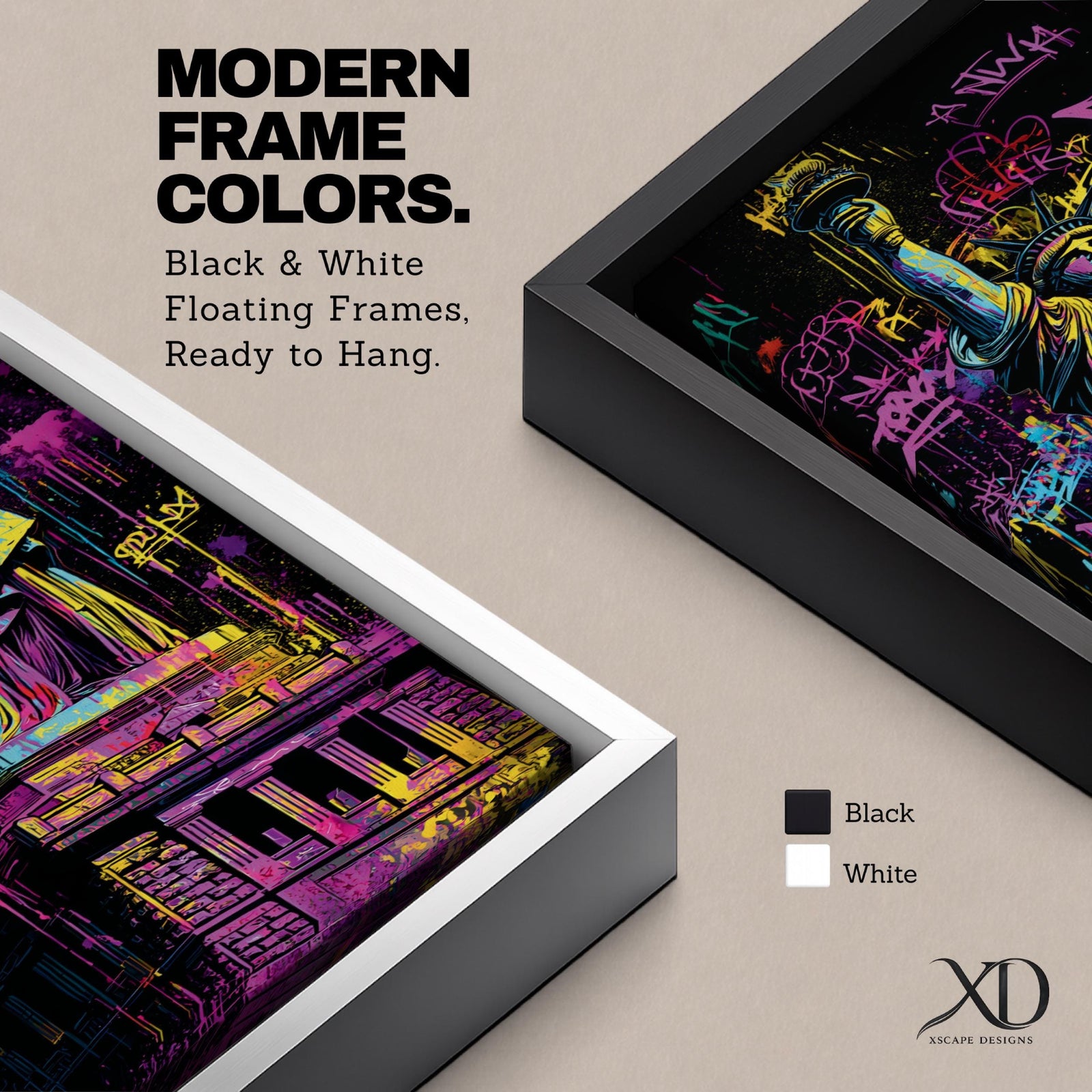 A tall narrow artwork of the Statue of Liberty rendered in vibrant graffiti style with bold neon colors, layered spray paint textures and street tags across the background, featuring dynamic splashes of pink, yellow, blue and green with high contrast outlines in an urban pop art composition.
