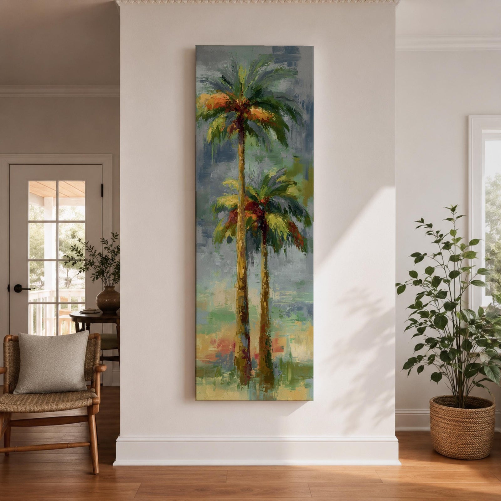 A tall narrow painting of two palm trees with slender trunks and lush green fronds, rendered in expressive brushstrokes with layered tones of green, gold, and soft red against a muted abstract background of blue and gray, creating a loose impressionistic tropical landscape composition.