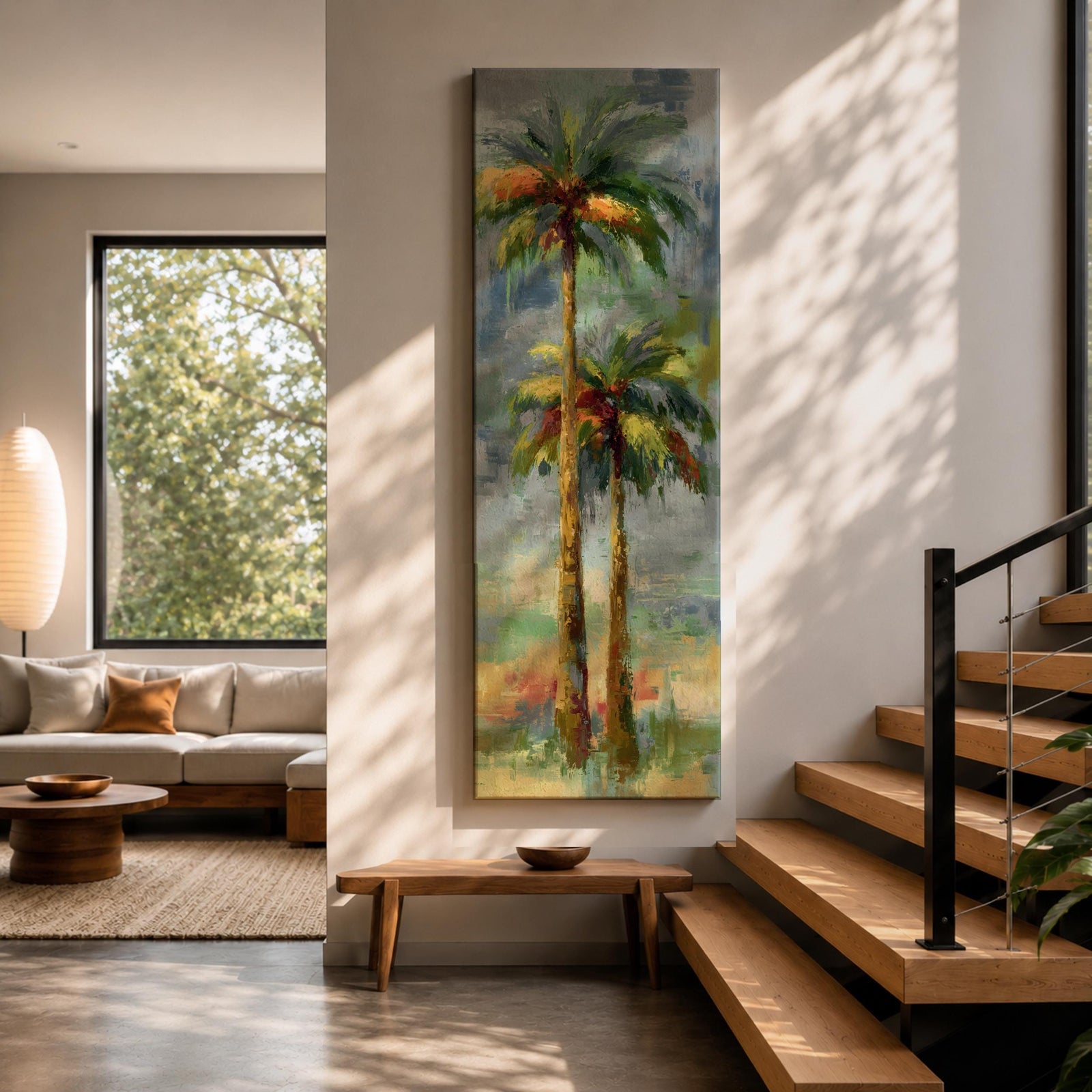 A tall narrow painting of two palm trees with slender trunks and lush green fronds, rendered in expressive brushstrokes with layered tones of green, gold, and soft red against a muted abstract background of blue and gray, creating a loose impressionistic tropical landscape composition.