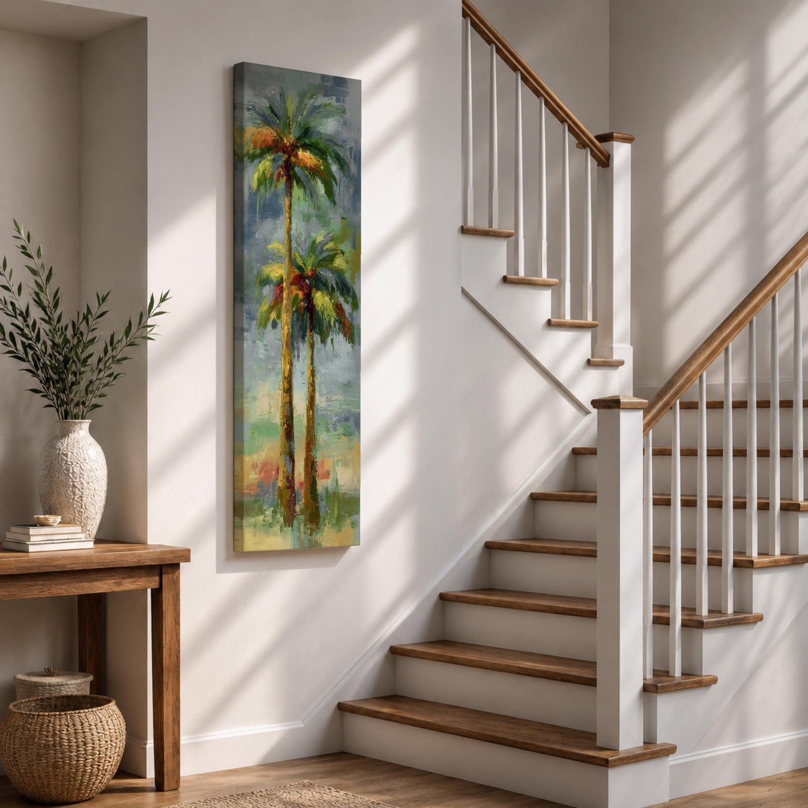 A tall narrow painting of two palm trees with slender trunks and lush green fronds, rendered in expressive brushstrokes with layered tones of green, gold, and soft red against a muted abstract background of blue and gray, creating a loose impressionistic tropical landscape composition.
