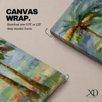 A tall narrow painting of two palm trees with slender trunks and lush green fronds, rendered in expressive brushstrokes with layered tones of green, gold, and soft red against a muted abstract background of blue and gray, creating a loose impressionistic tropical landscape composition.