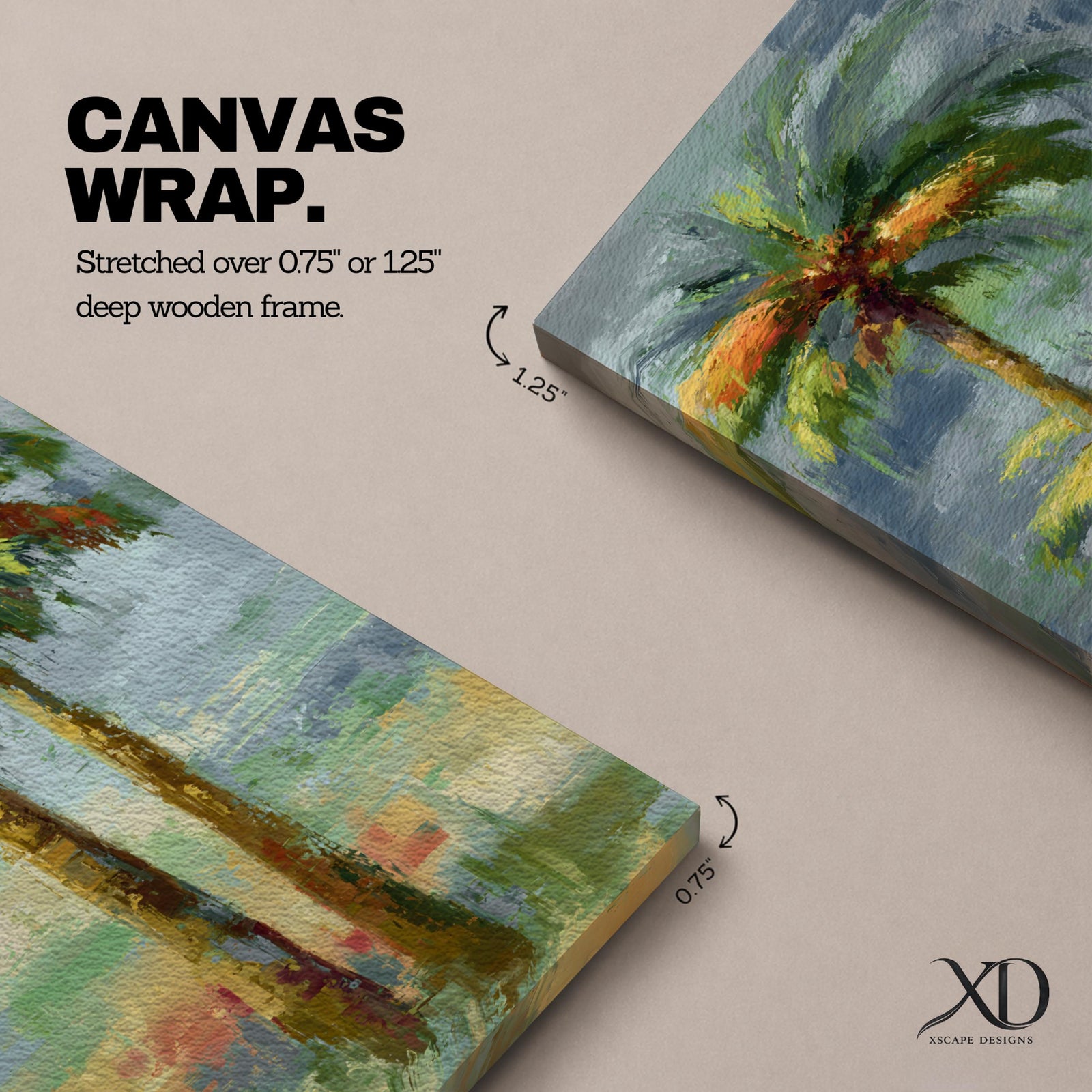 A tall narrow painting of two palm trees with slender trunks and lush green fronds, rendered in expressive brushstrokes with layered tones of green, gold, and soft red against a muted abstract background of blue and gray, creating a loose impressionistic tropical landscape composition.