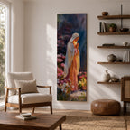A tall narrow painting of the Virgin Mary standing in prayer with hands gently clasped, wearing a soft white veil over a flowing pink robe, surrounded by blooming flowers in rich pastel tones, set against a deep atmospheric background with expressive brushwork in a serene impressionistic style.