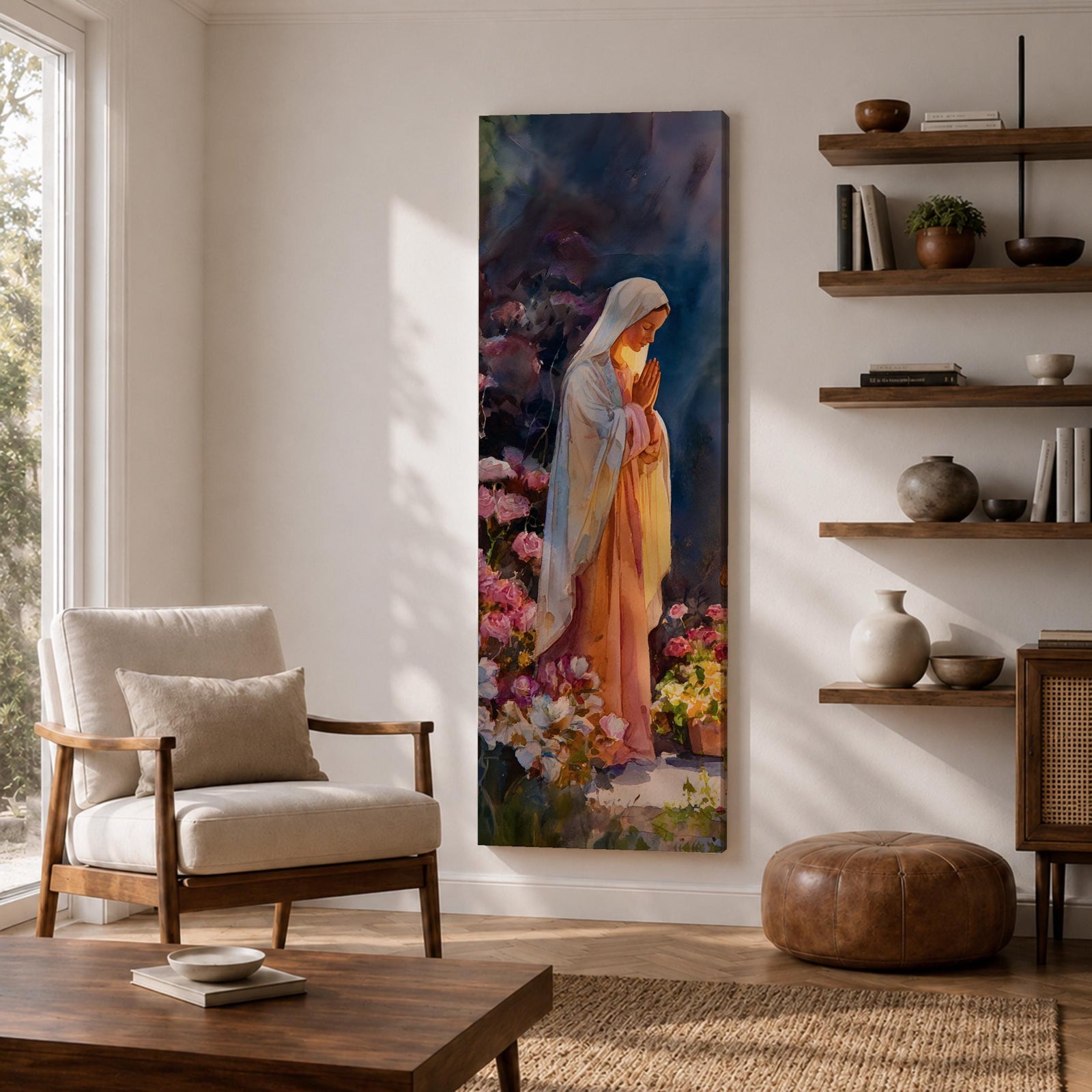 A tall narrow painting of the Virgin Mary standing in prayer with hands gently clasped, wearing a soft white veil over a flowing pink robe, surrounded by blooming flowers in rich pastel tones, set against a deep atmospheric background with expressive brushwork in a serene impressionistic style.