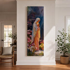 A tall narrow painting of the Virgin Mary standing in prayer with hands gently clasped, wearing a soft white veil over a flowing pink robe, surrounded by blooming flowers in rich pastel tones, set against a deep atmospheric background with expressive brushwork in a serene impressionistic style.