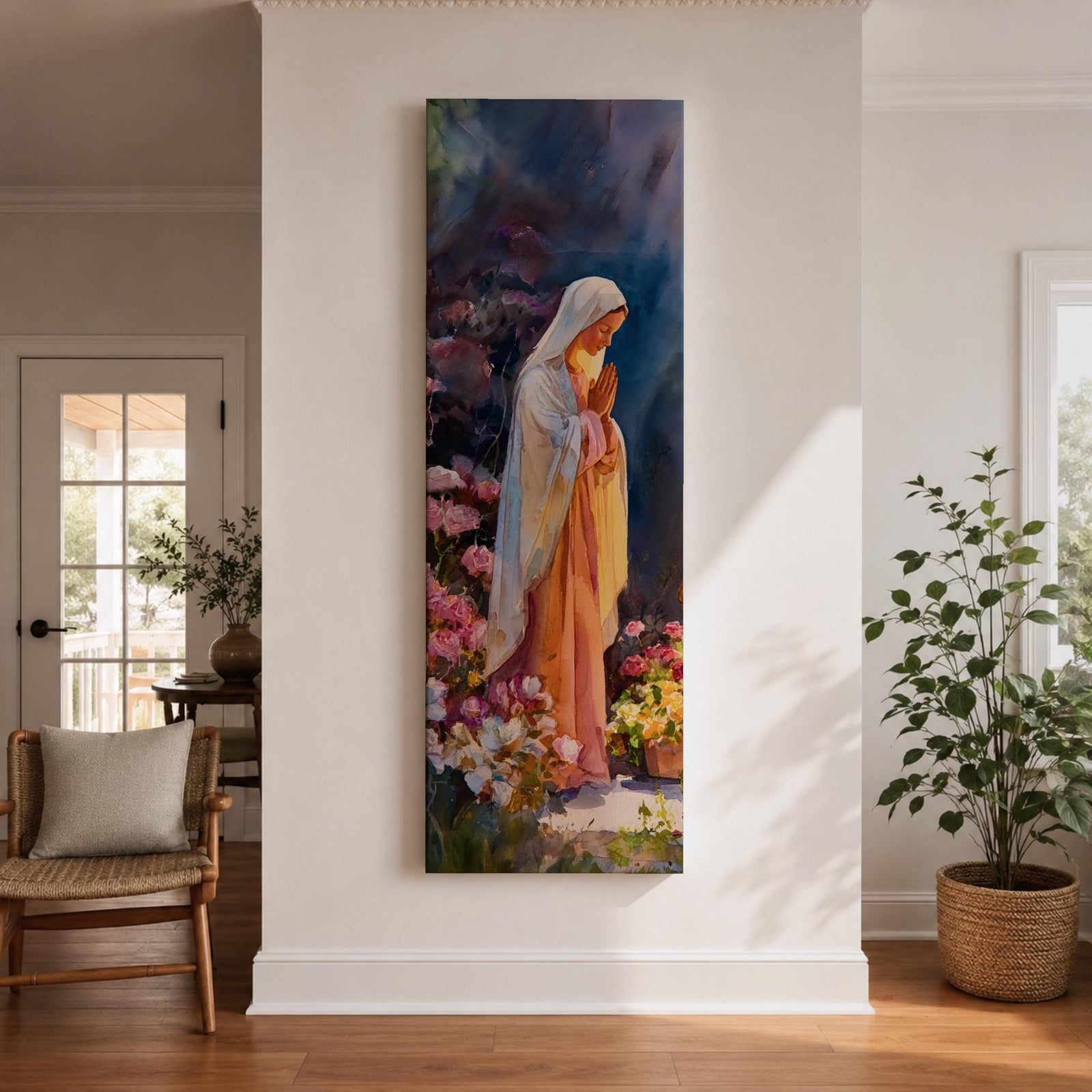 A tall narrow painting of the Virgin Mary standing in prayer with hands gently clasped, wearing a soft white veil over a flowing pink robe, surrounded by blooming flowers in rich pastel tones, set against a deep atmospheric background with expressive brushwork in a serene impressionistic style.